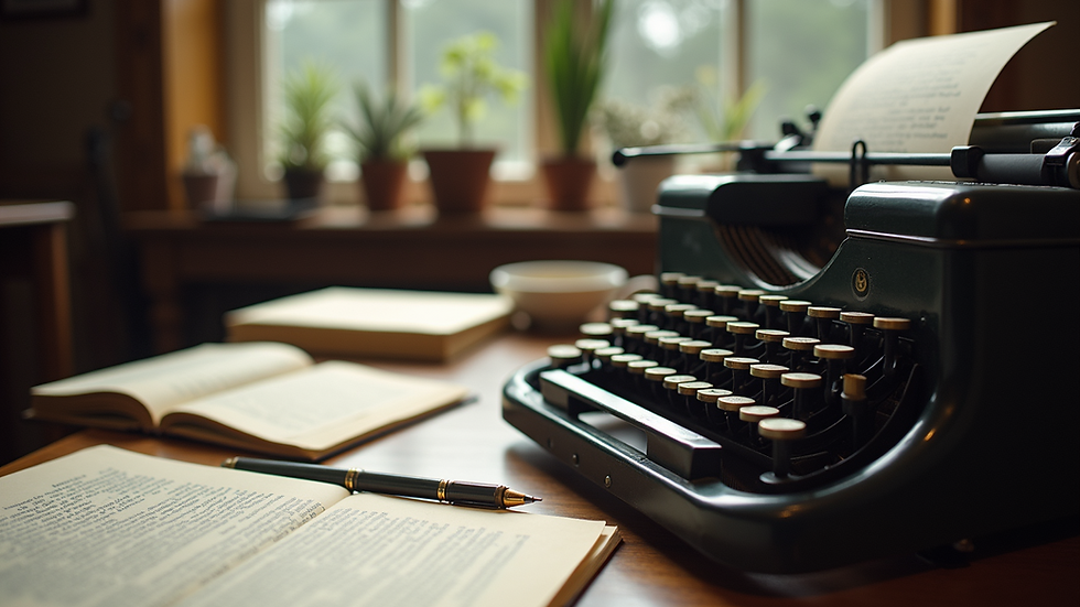 Eye-level view of a writer’s desk with a vintage typewriter and scattered manuscripts
