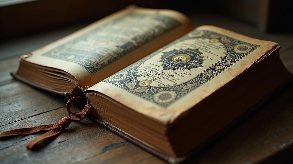 Close-up view of a weathered, old book with Gothic motifs