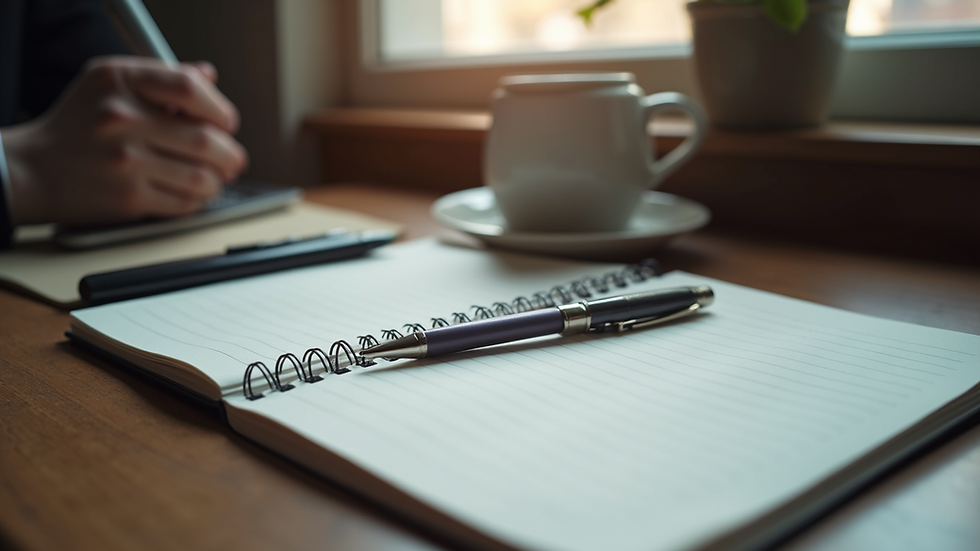 Close-up view of a writer's desk with a notebook and pen