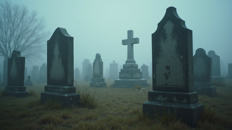 High angle view of a foggy Southern cemetery with old tombstones