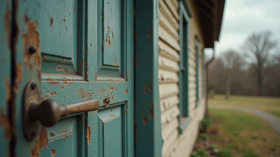 Close-up view of a weathered wooden door with peeling paint on a Southern Gothic house