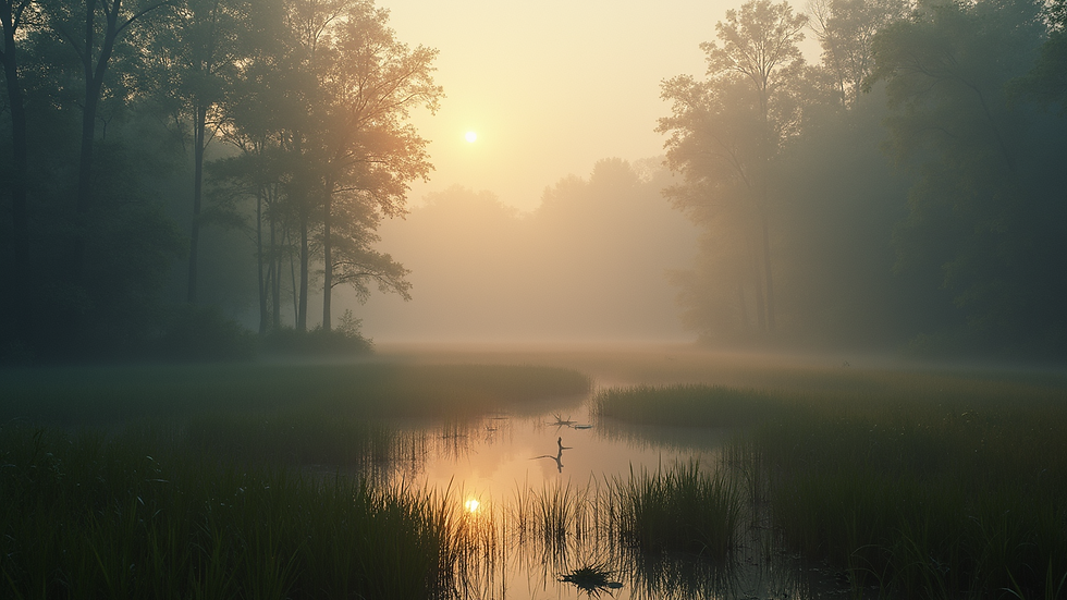 High angle view of a misty Southern swamp at dawn