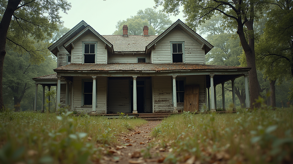 Eye-level view of a decaying Southern plantation house