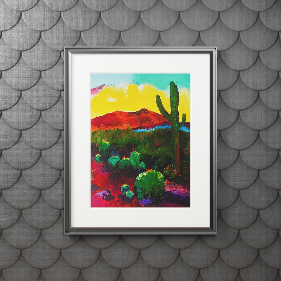 Thumbnail: Desert Sunset Fine Art Print with Passepartout — Vibrant Cactus Landscape