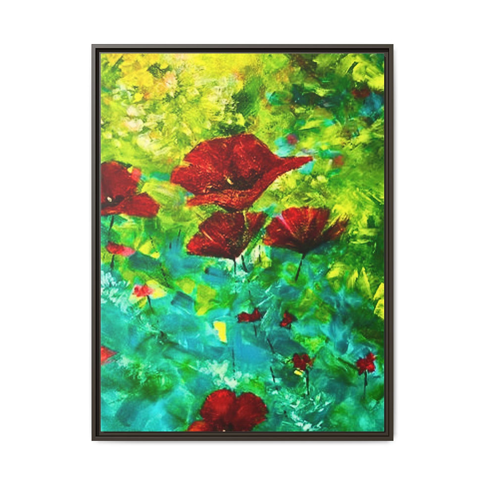 Thumbnail: Framed Floral Canvas Art - Vibrant Red Poppies on Green Abstract Background