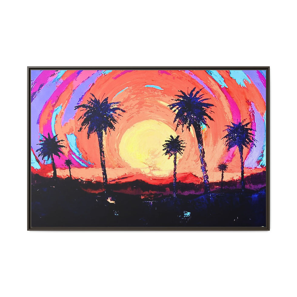 Thumbnail: Tropical Sunset Matte Canvas Framed Wall Art — Colorful Palm Tree Beach Print