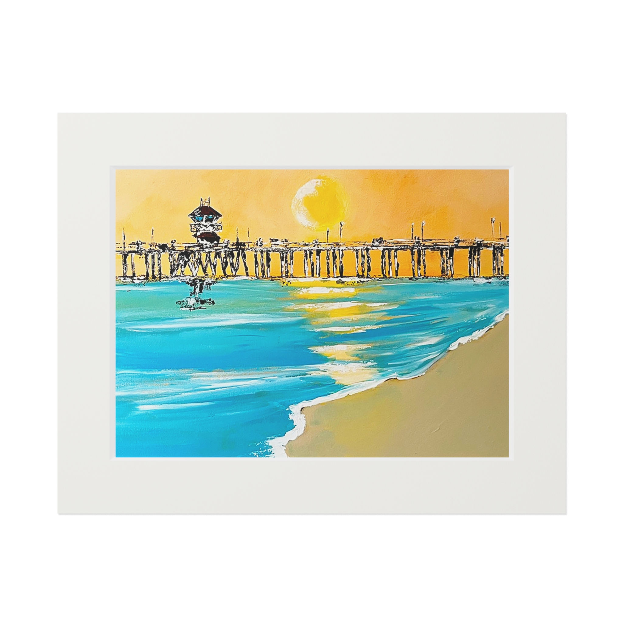Sunset Pier Fine Art Print with Matte Frame — Coastal Beach Wall Art