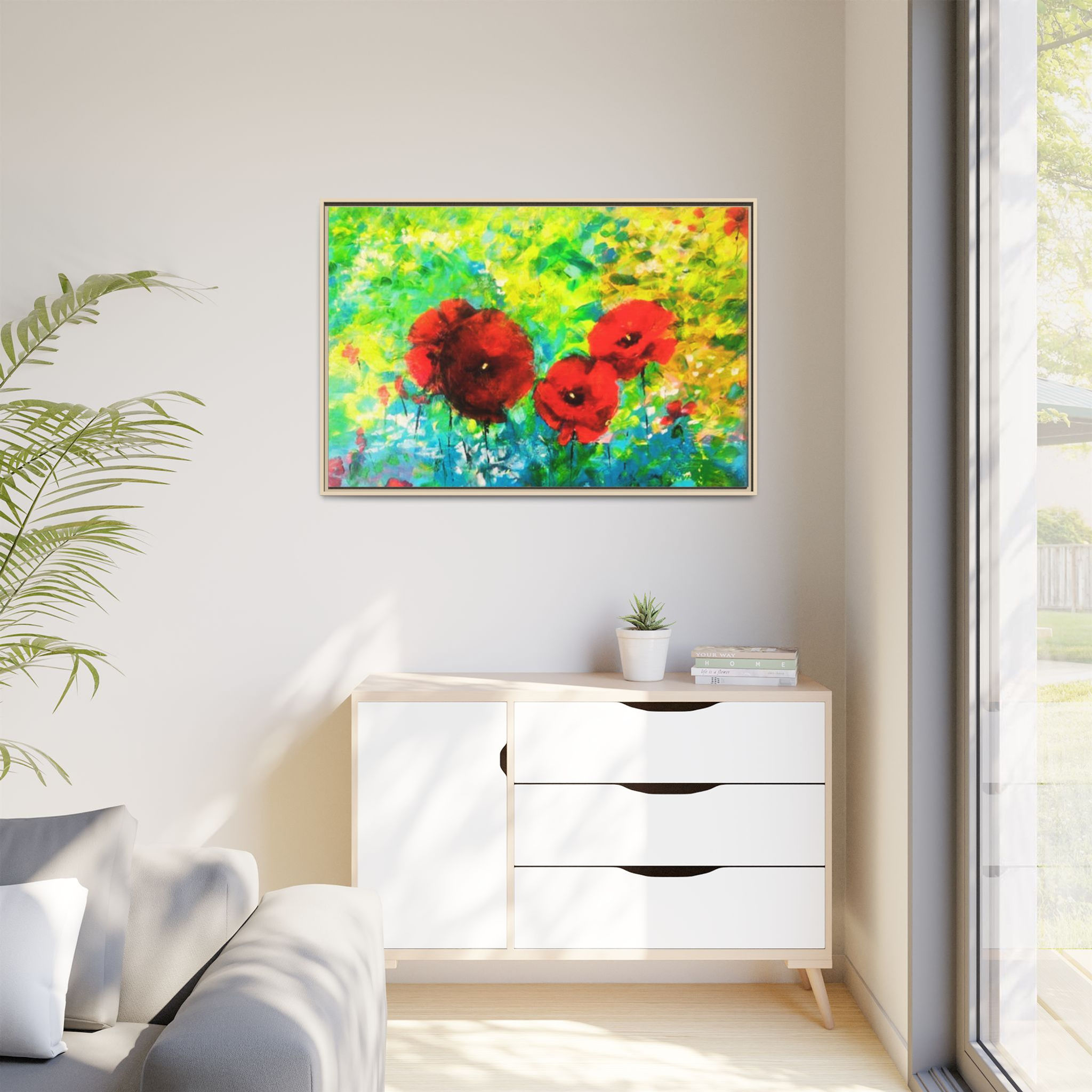 Framed Poppy Canvas Wall Art – Bright Abstract Floral Painting
