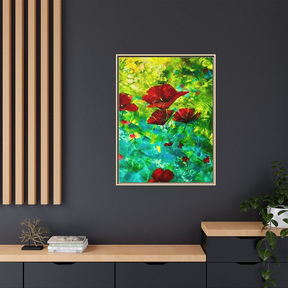 Thumbnail: Framed Floral Canvas Art - Vibrant Red Poppies on Green Abstract Background