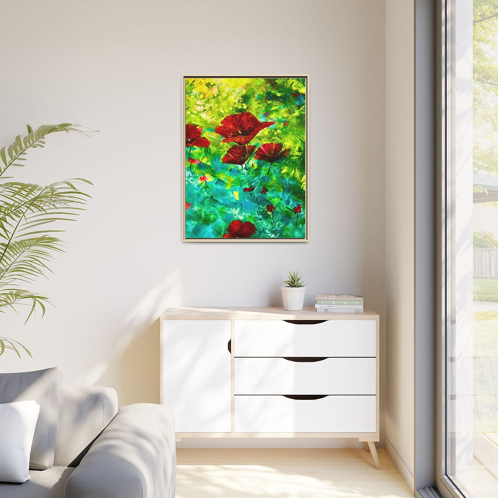 Thumbnail: Framed Floral Canvas Art - Vibrant Red Poppies on Green Abstract Background