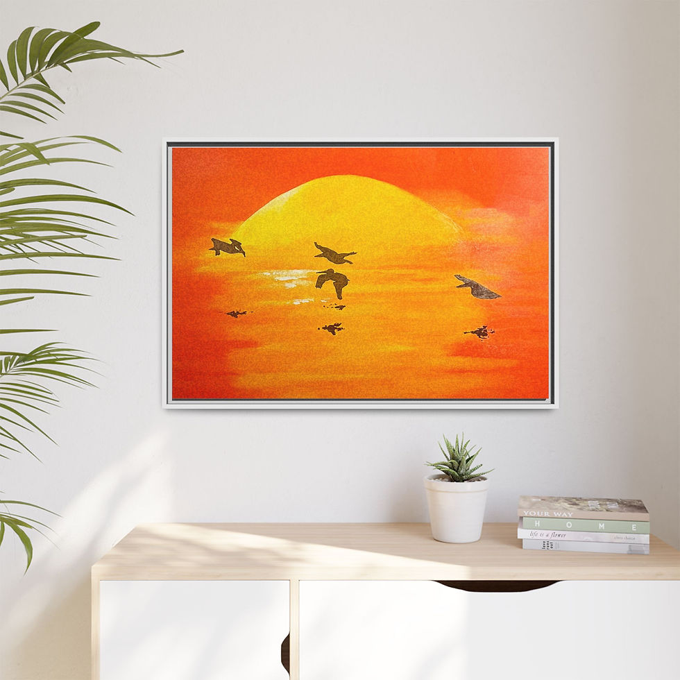 Thumbnail: Sunset Pelicans Matte Canvas Print (Framed)