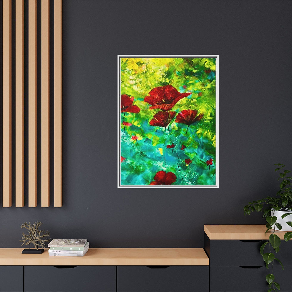 Thumbnail: Framed Floral Canvas Art - Vibrant Red Poppies on Green Abstract Background