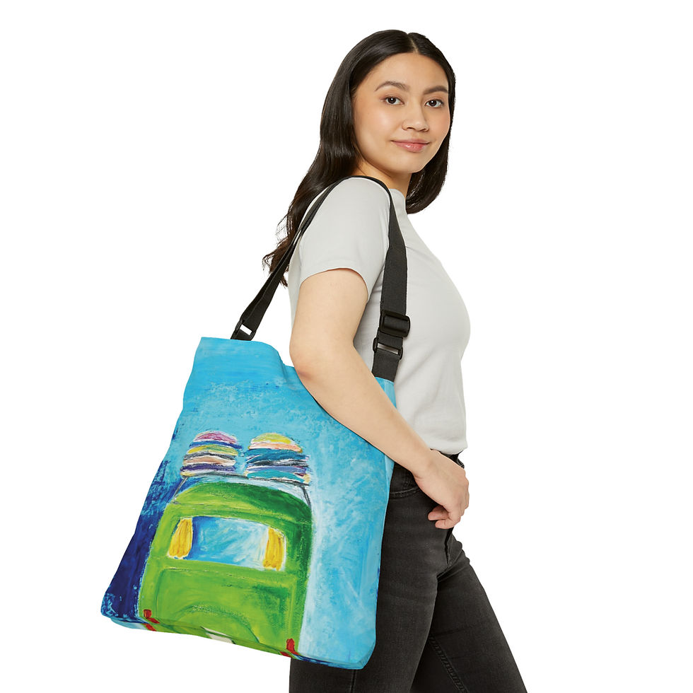 Retro Van with Surfboards Adjustable Strap Tote Bag With Inside Zippered Pocket