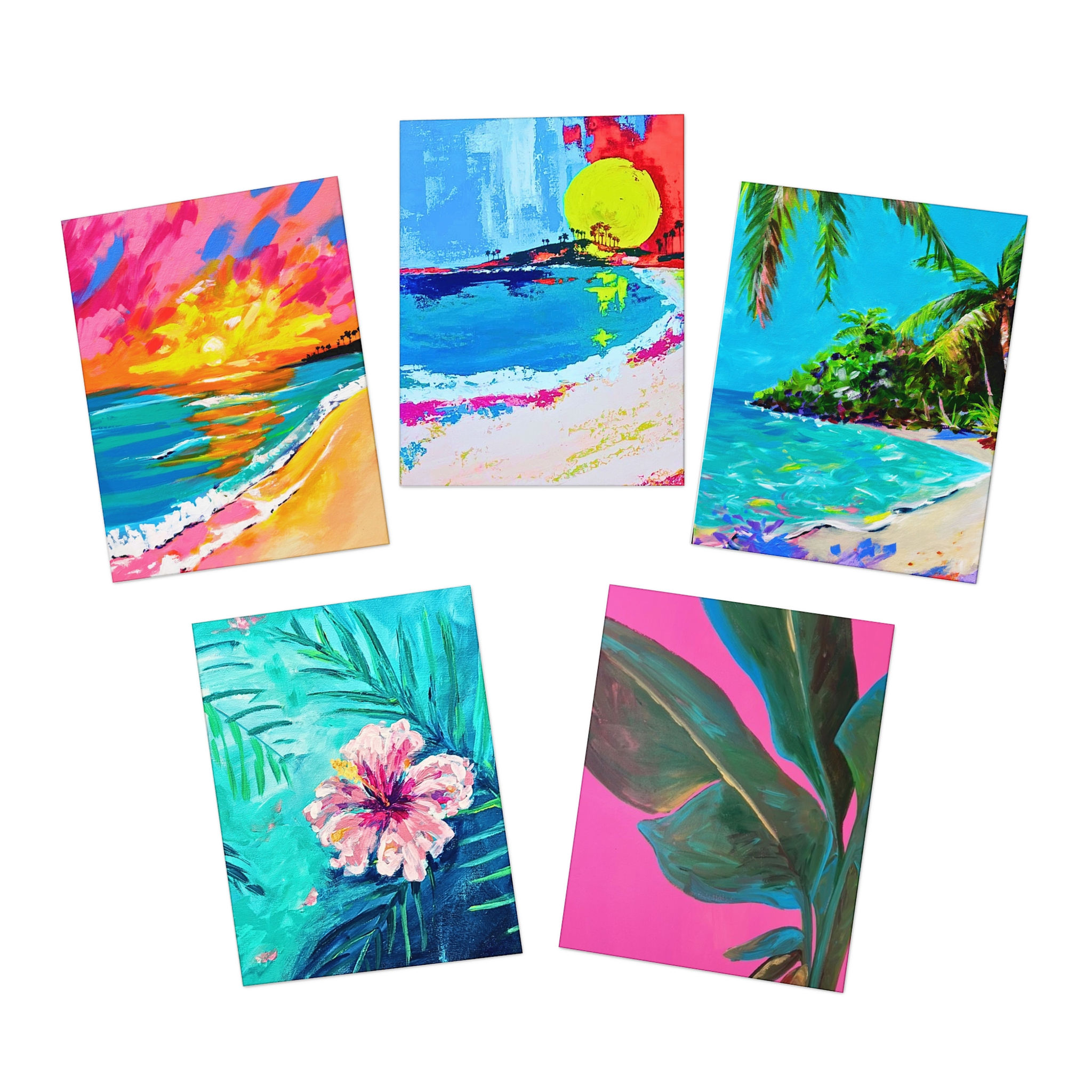 Tropical Art Greeting Cards — 5-Pack Assorted Bright Beach & Floral Cards