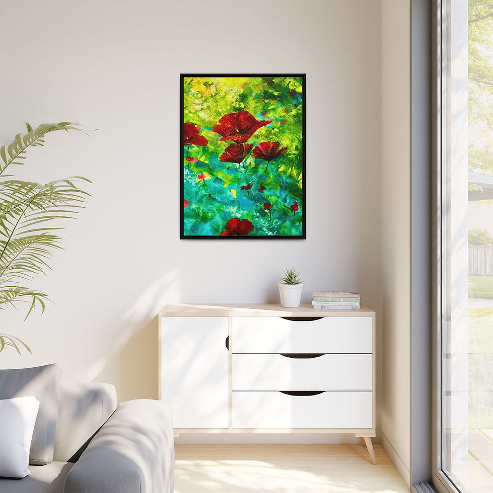 Thumbnail: Framed Floral Canvas Art - Vibrant Red Poppies on Green Abstract Background