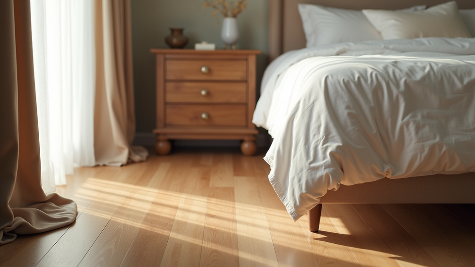 Close-up view of hand-rubbed oak flooring and silk draperies in a master bedroom
