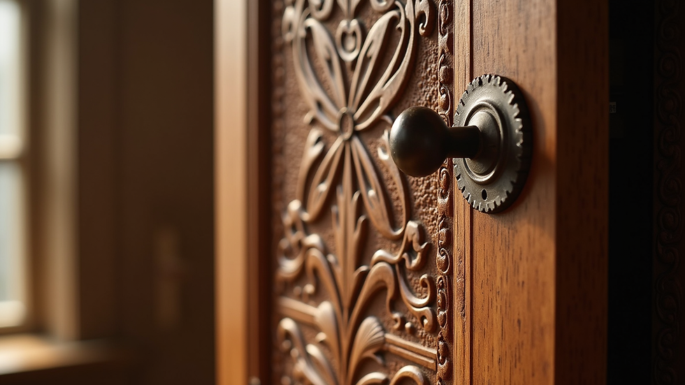 Close-up view of a hand-carved wooden cabinet door showcasing artisanal craftsmanship