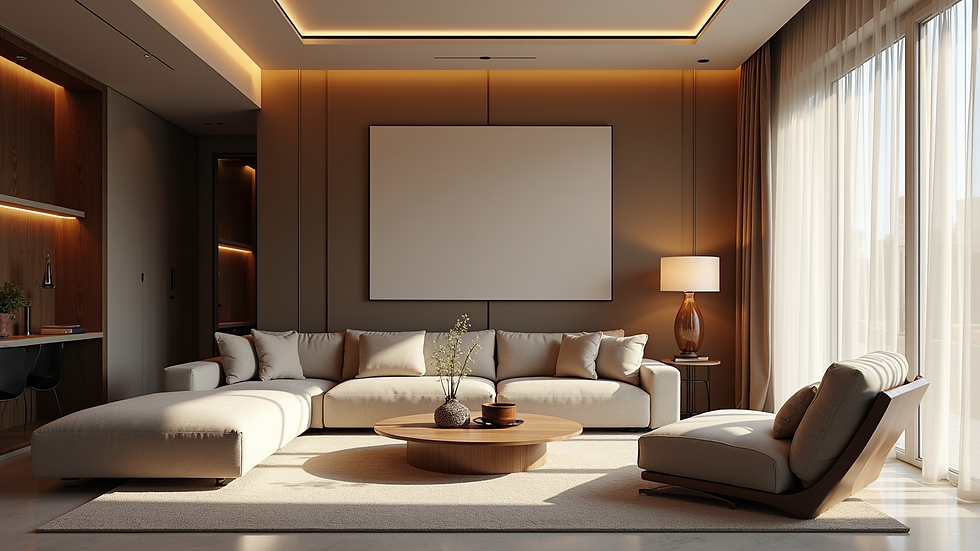 Eye-level view of a luxurious living room with muted tones and layered lighting
