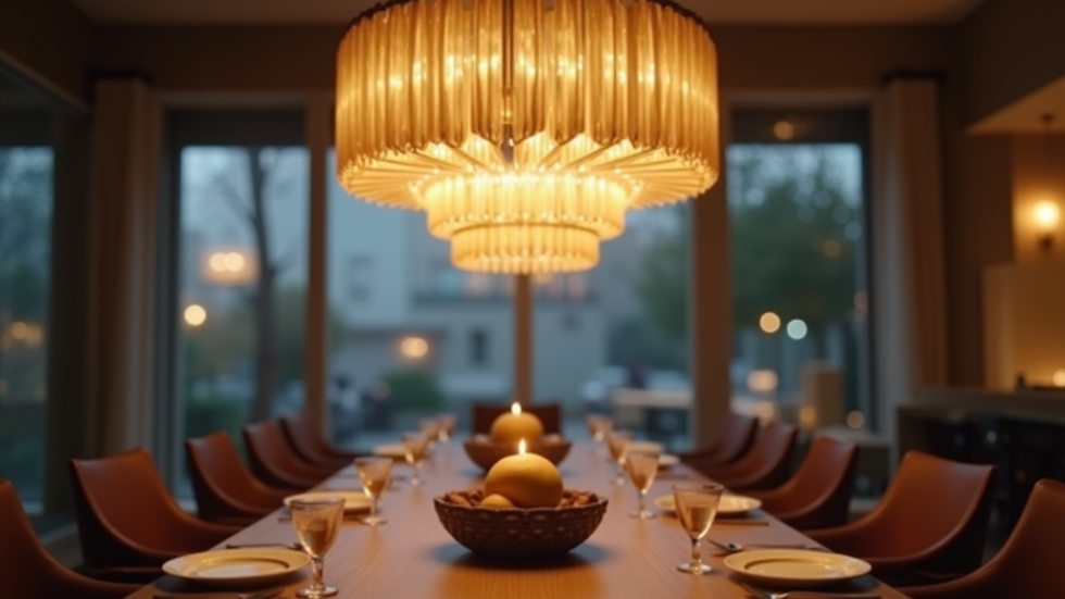 Close-up view of a modern chandelier illuminating a luxurious dining area