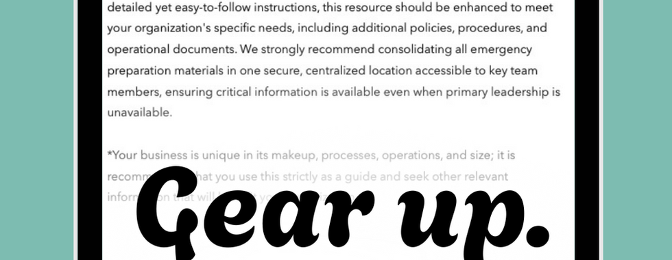 A tablet displaying digital book cover forBusiness Continuity and Disaster Recovery Plan Workbook Section Content Page for Emergency Prep Kit