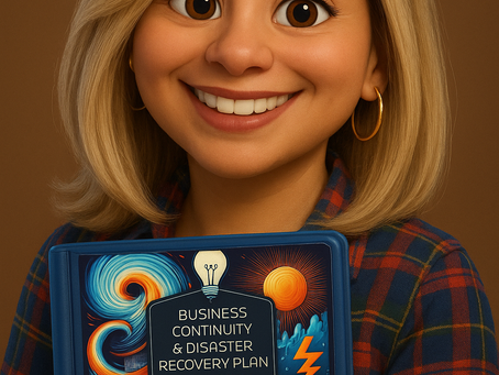 An animated woman holding a 3-ring binder with the Business Continuity and Disaster Recovery Plan Workbook by Cecilia Veloz Emergency Management Professional and Founder of Empower Resilience