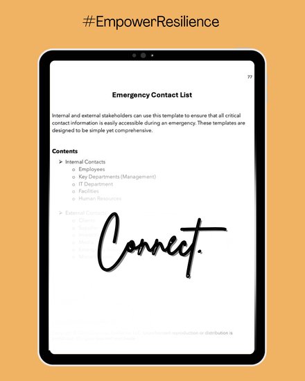 A tablet displaying digital book cover for Continuity and Disaster Recovery Plan Workbook Section Content Page for Emergency Contact