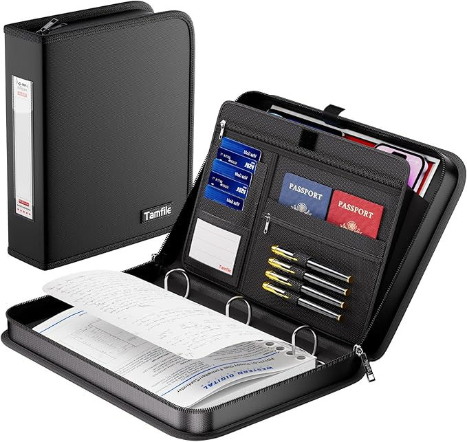 Tamfile fireproof 3 ring binder with zipper, 1.5 inch d ring binder holds up to 375 sheets of 8.5" x 11" A4 Paper, portable safe storage with large pockets, important file storage (black)