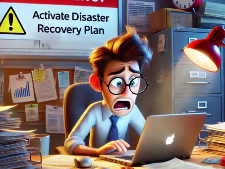 Animated business owner working on his laptop, visually emphasizing the urgency of disaster preparedness with a sign on the wall that reads "Emergency, Activate Disaster Recovery Plan"