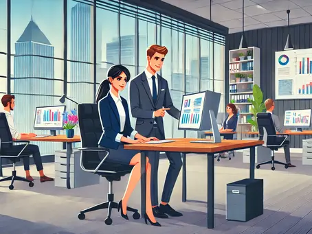 Animated image of an office environment with people sitting at desks.