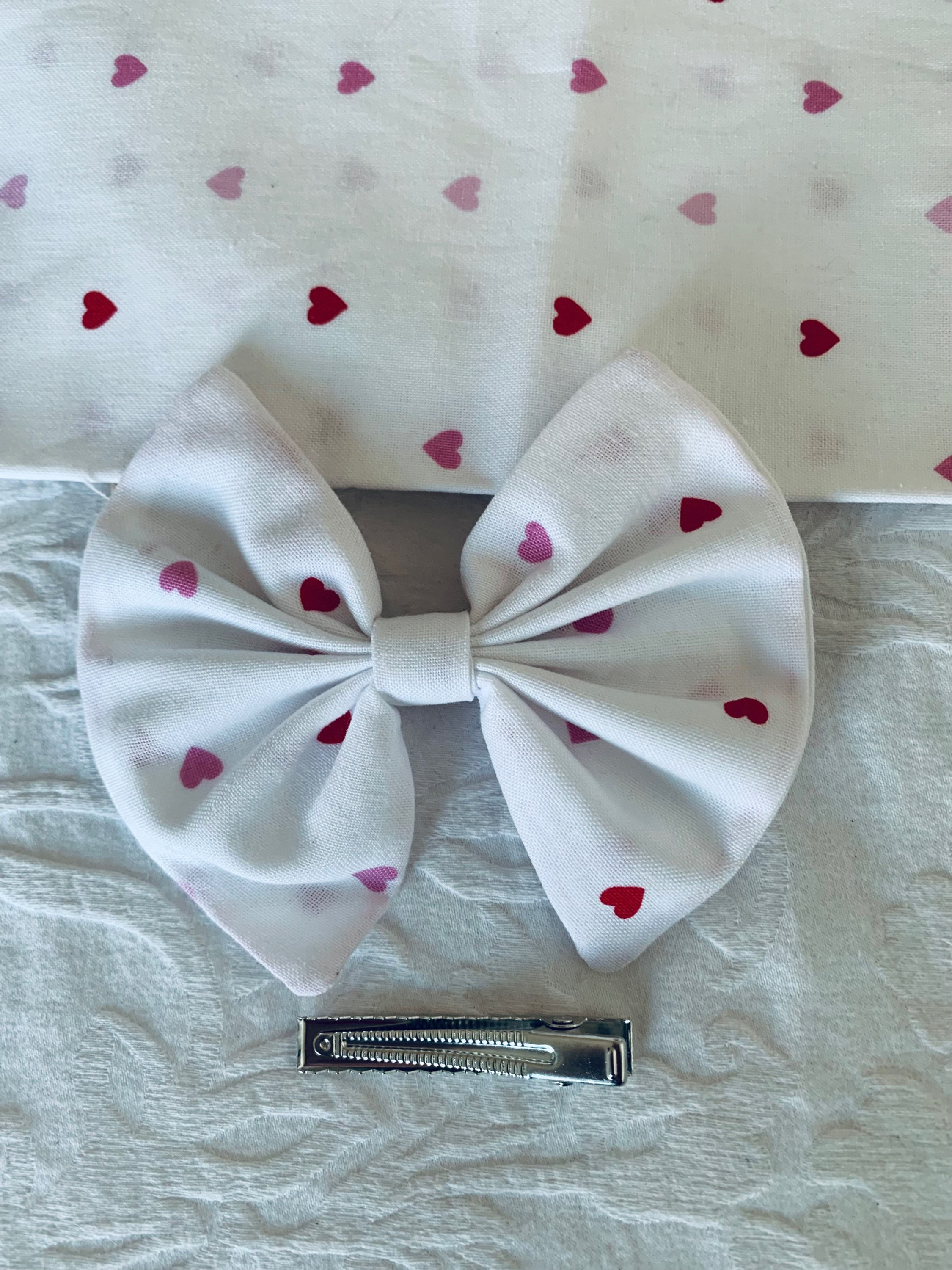 White with Red and Pink  Heart standard bow (3”) alligator clip 