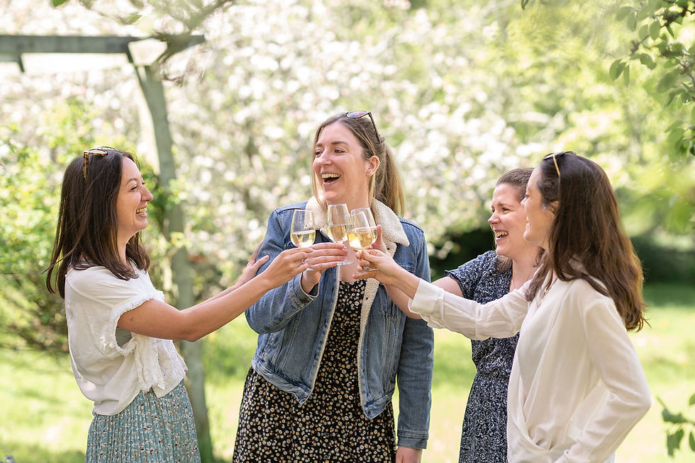 A group of girls outside in summer cheersing at a Wine at Mine tasting event