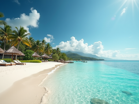 White sun loungers on a white sand beach with turquoise water