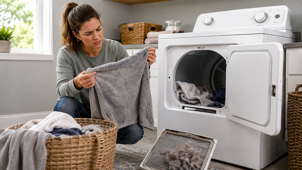 Frustrated homeowner checking damp towels beside a dryer with lint buildup