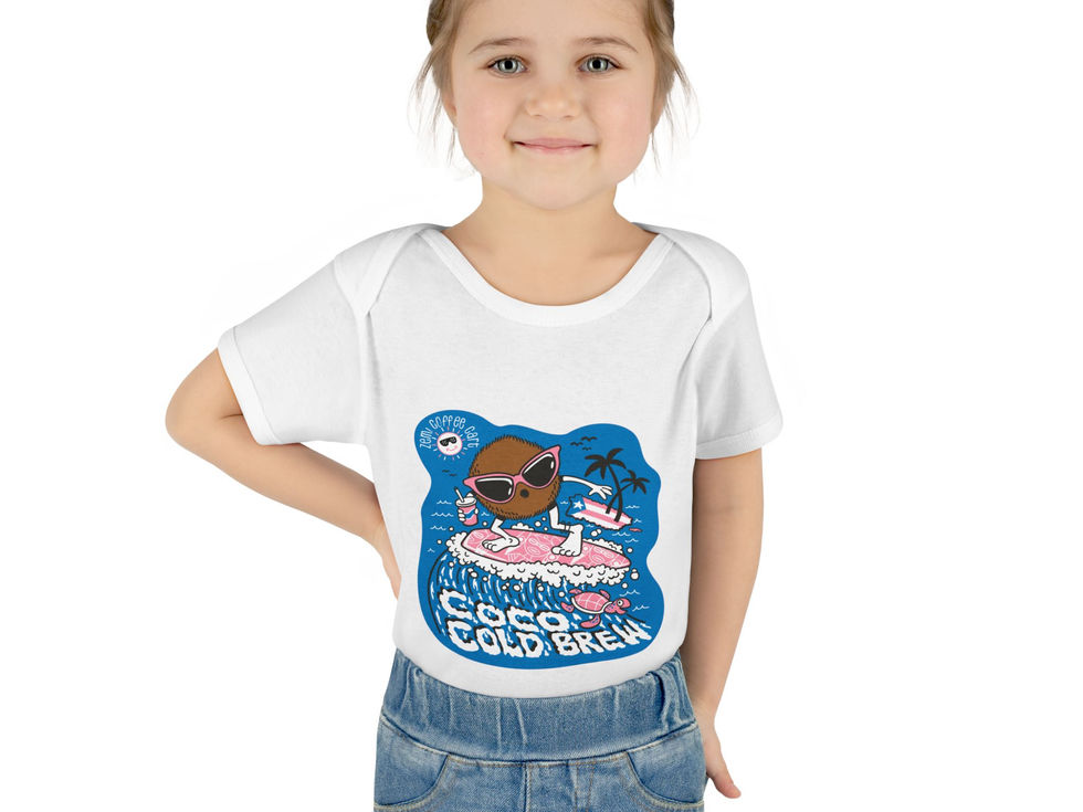 A white baby T-Shirt featuring the graphic "Coco Cold Brew" and a coastal sea nature design printed on the front.