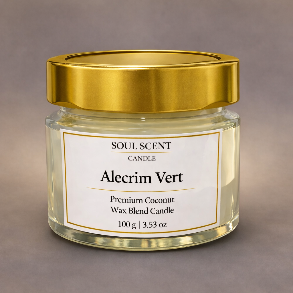 Vela perfumada Alecrim Vert da Soul Scent em pote de vidro com tampa metálica dourada.