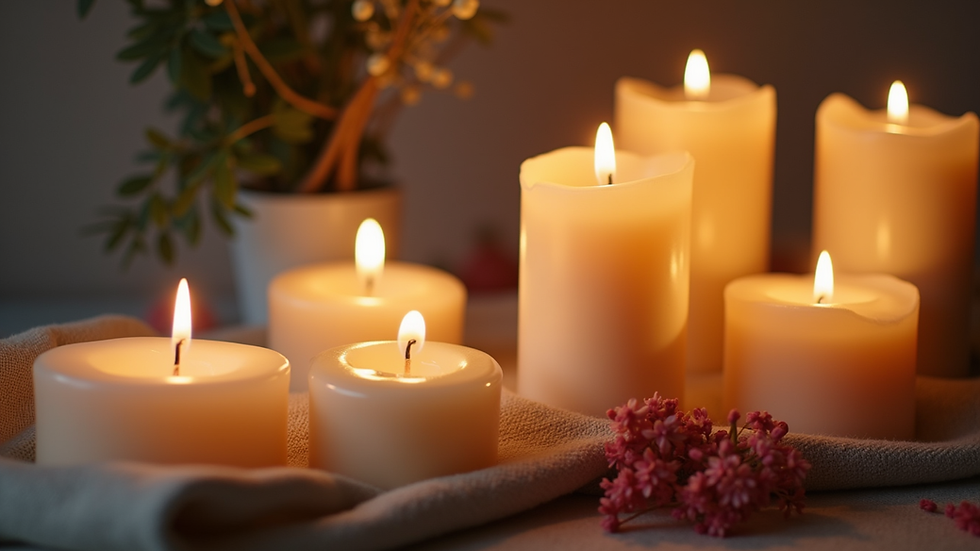 Close-up view of a beautifully arranged collection of artisanal candles
