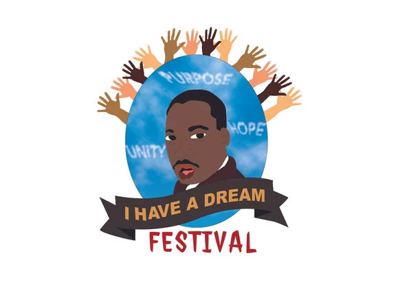 The MLK I Have a Dream Festival logo is an drawing of Martin Luther King in front of a blue oval sky with Purpose, Unity, and Hope written among the clouds. Around the top of the oval sky there are hands of multiple races.