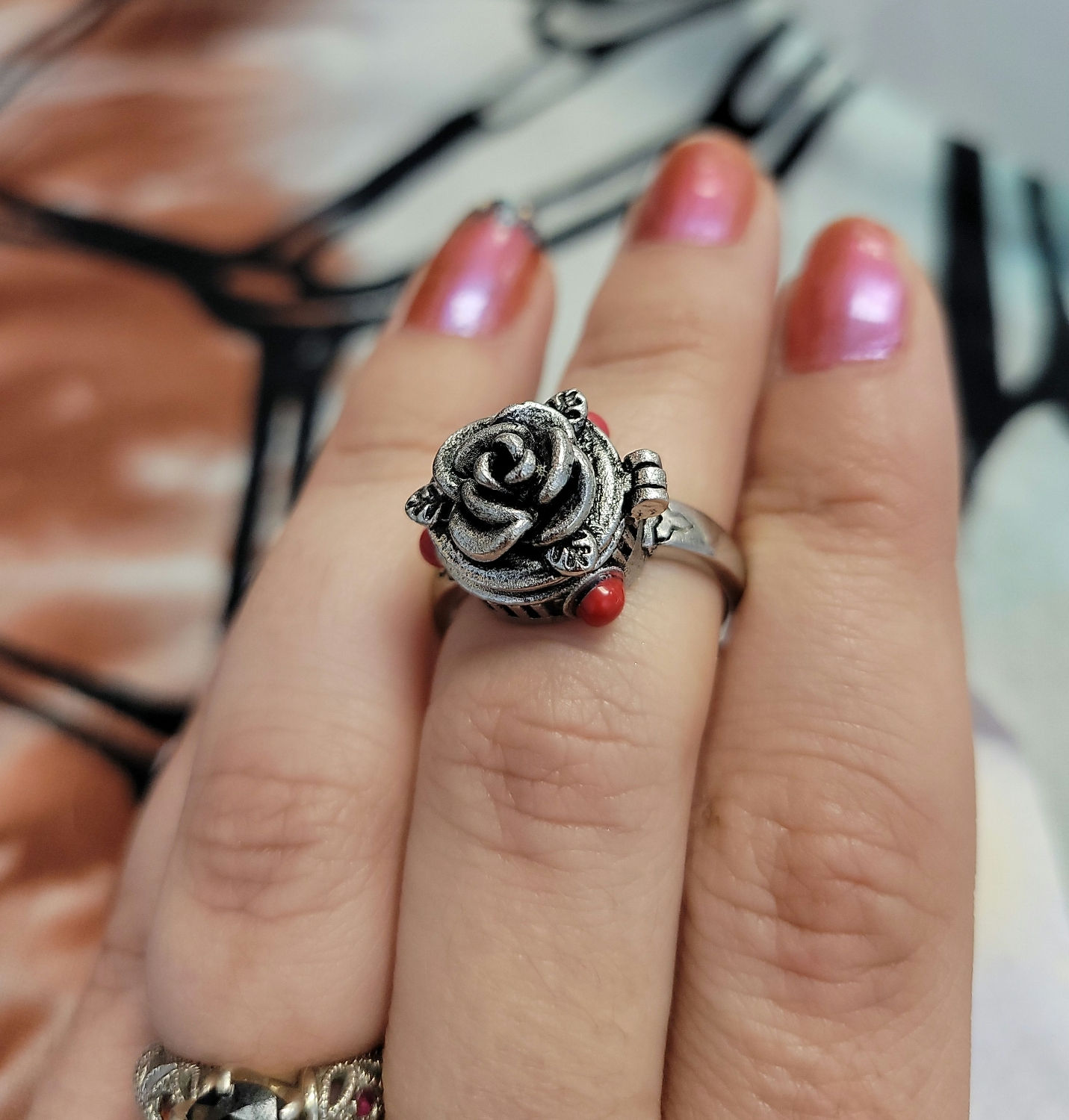 Rose prayer/ poison adjustable ring in sterling silver