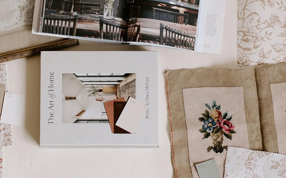 Collage of books, home decor books, prints, and other curated inspiration