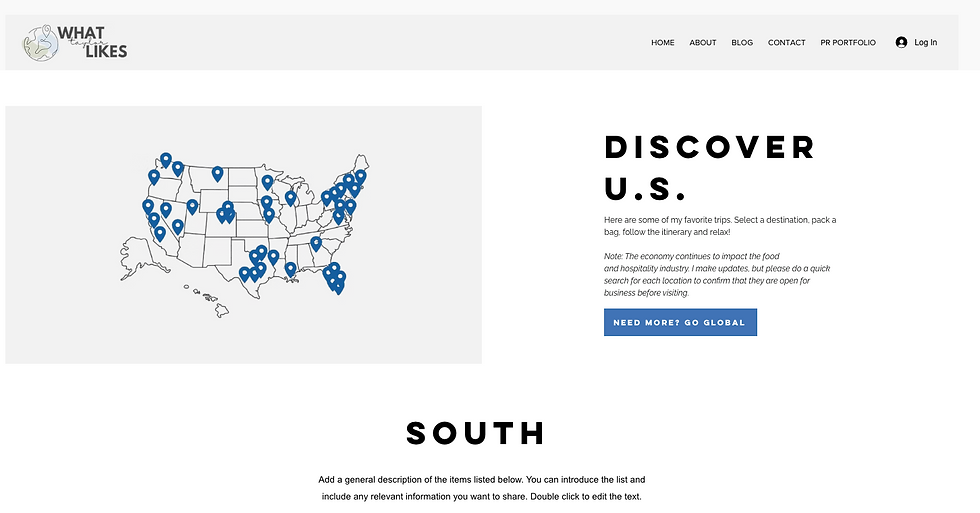 Map of the U.S. with blue location markers on a website. Text: "DISCOVER U.S." and "NEED MORE? GO GLOBAL." Travel-themed content.
