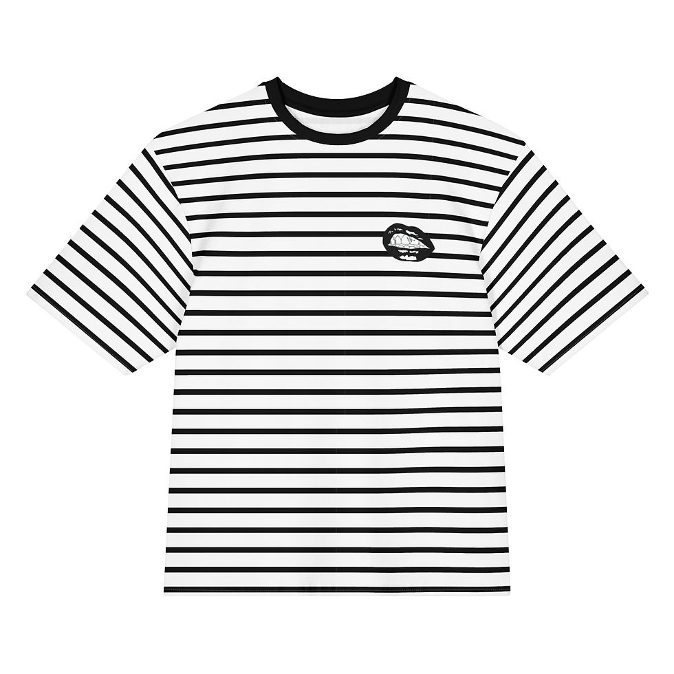 black and white striped shirt, black and white chest decal, cat decal, lips decal, cool gaze decal