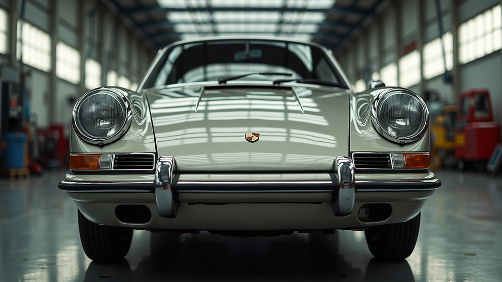 Eye-level view of a classic Porsche undergoing restoration