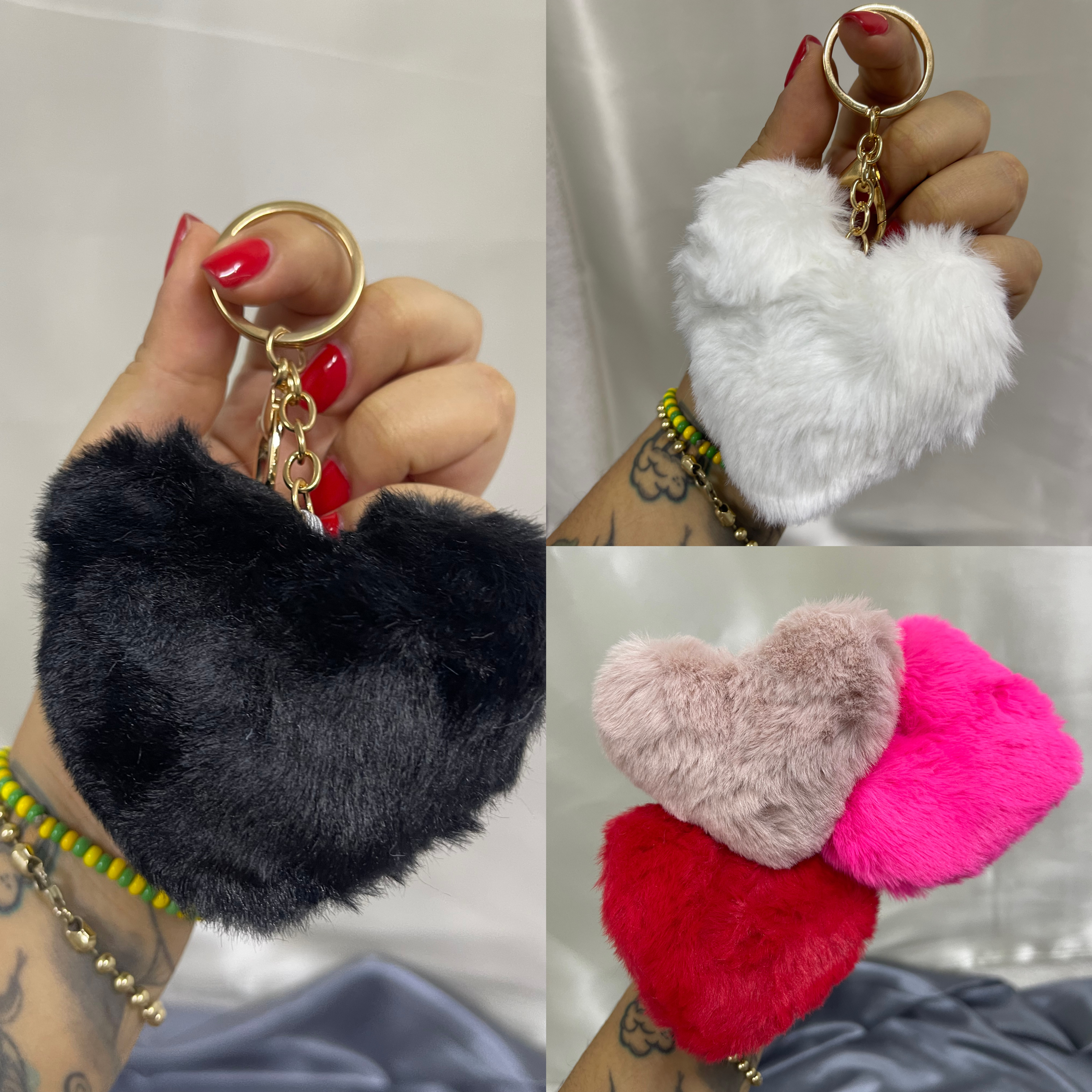 5 llaveros corazón pompón 