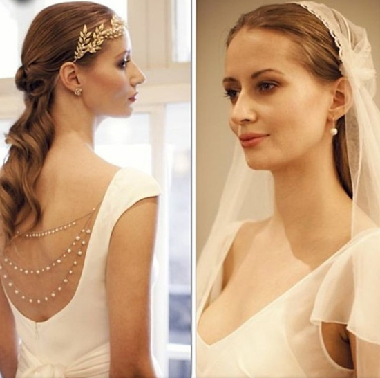 Bridal trial looks with soft natural makeup and a veil, and half-up waves with a gold headpiece and pearl back chain