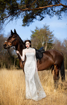Bride with a sleek updo and lace gown beside a horse in a golden field