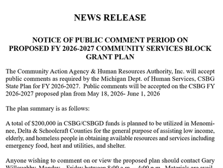 Notice of Public Comment Period on proposed FY 2026-2027 Community Services Block Grab Plan