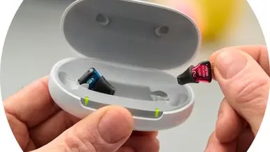 “Signia Silk Charge&Go IX rechargeable CIC hearing aid available at Monroe Hearing Aid Center.”