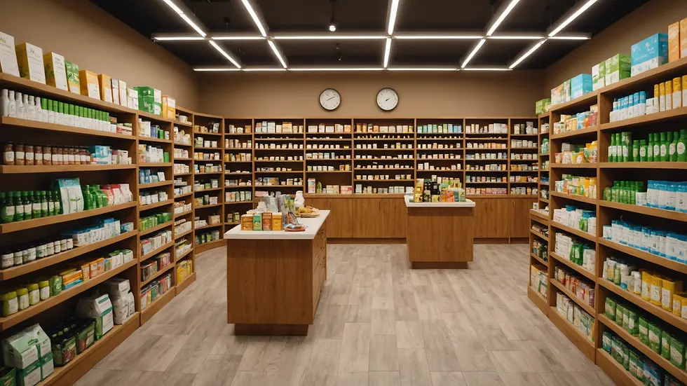 Wide angle view of a wellness store filled with various health products