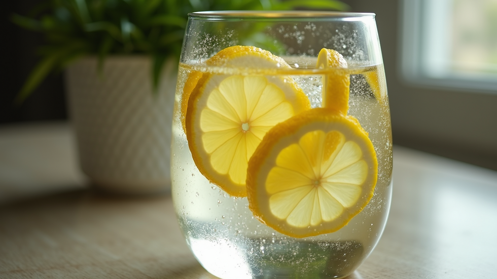 Close-up view of a glass of water with fresh lemon slices