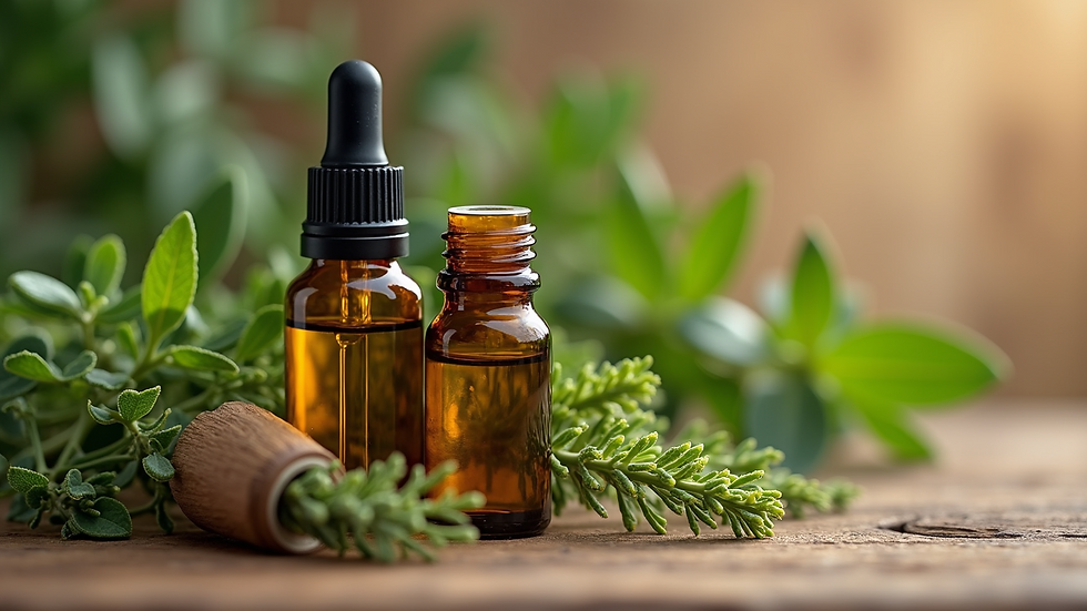 Close-up view of herbs and essential oils for wellness